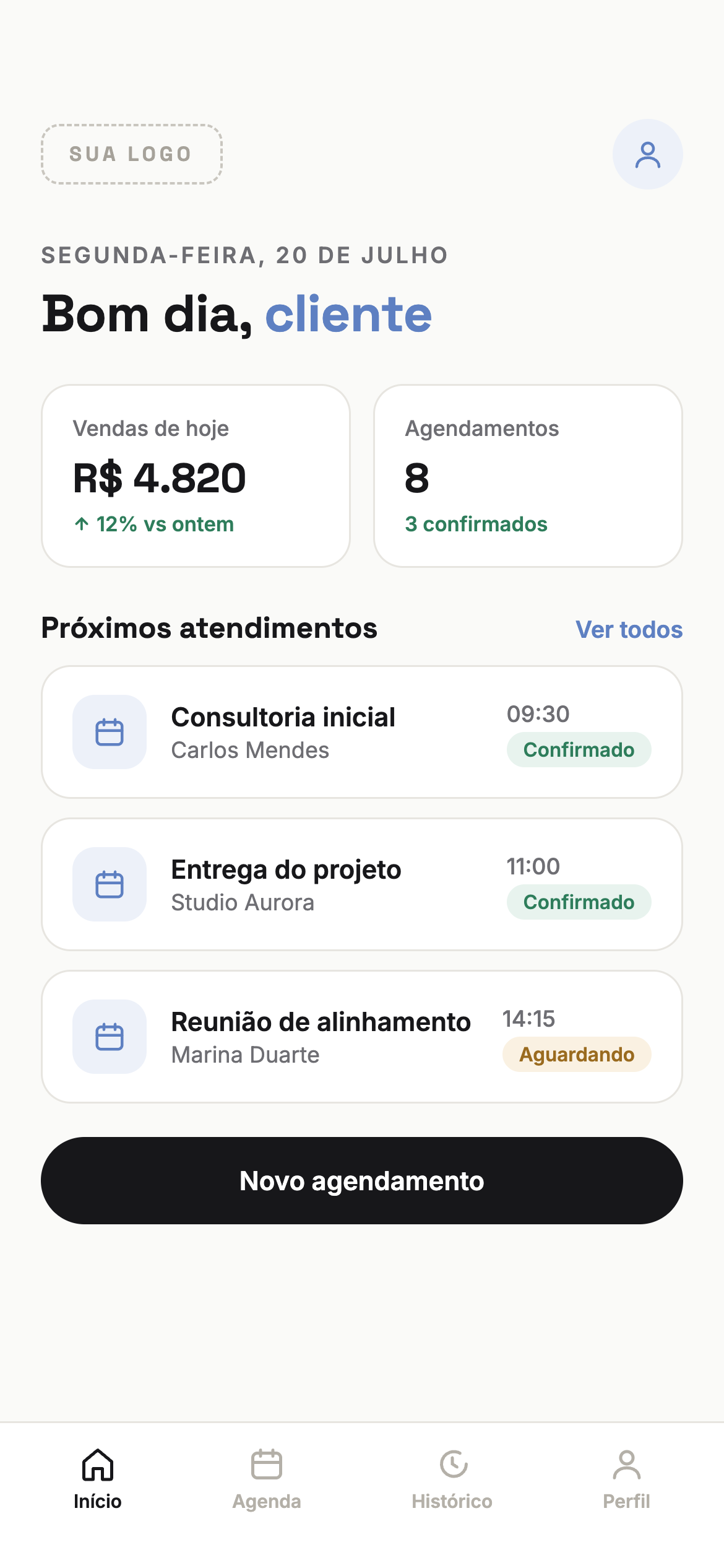 Tela principal de aplicativo sob medida